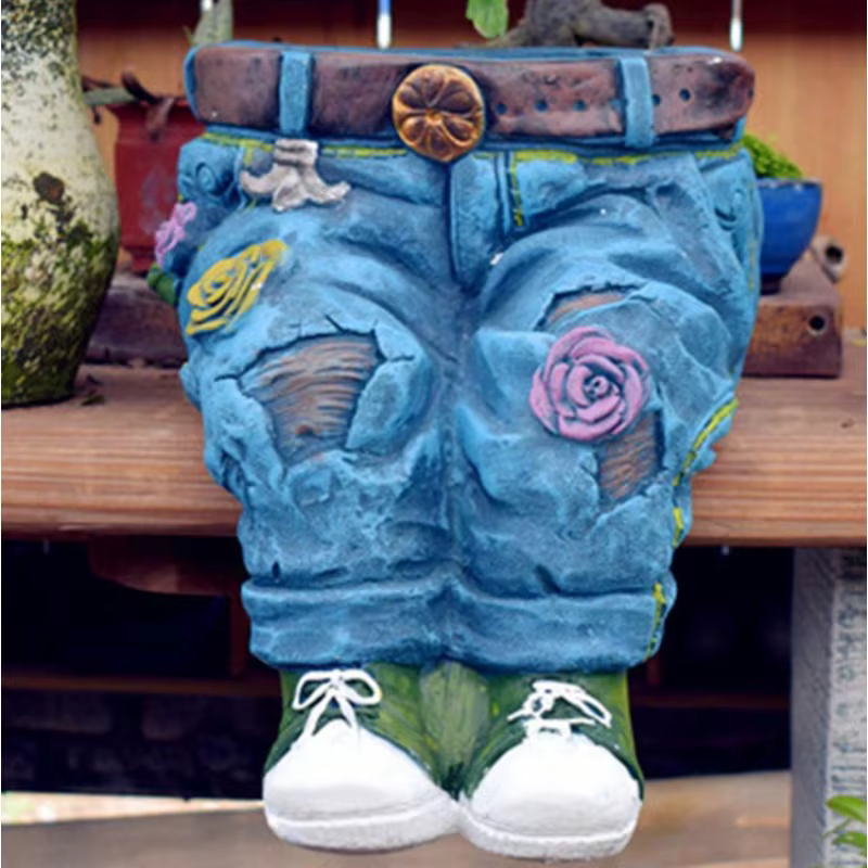 Pot de fleurs vintage en résine en forme de jean