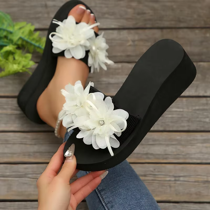 Mode fleur compensées talon haut maison pantoufles femmes été semelle épaisse tirer sur chaussures dames plage pantoufles plates décontractées Mujer