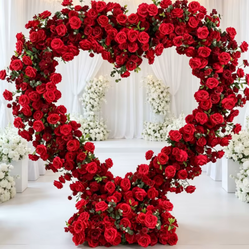 Arches florales en forme de cœur de roses rouges de 240 cm pour décoration de fond de mariage