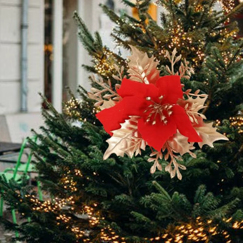 Poinsettia Flower Arbre Noël Décoration Fleur artificielle pour fête vacances 37JD