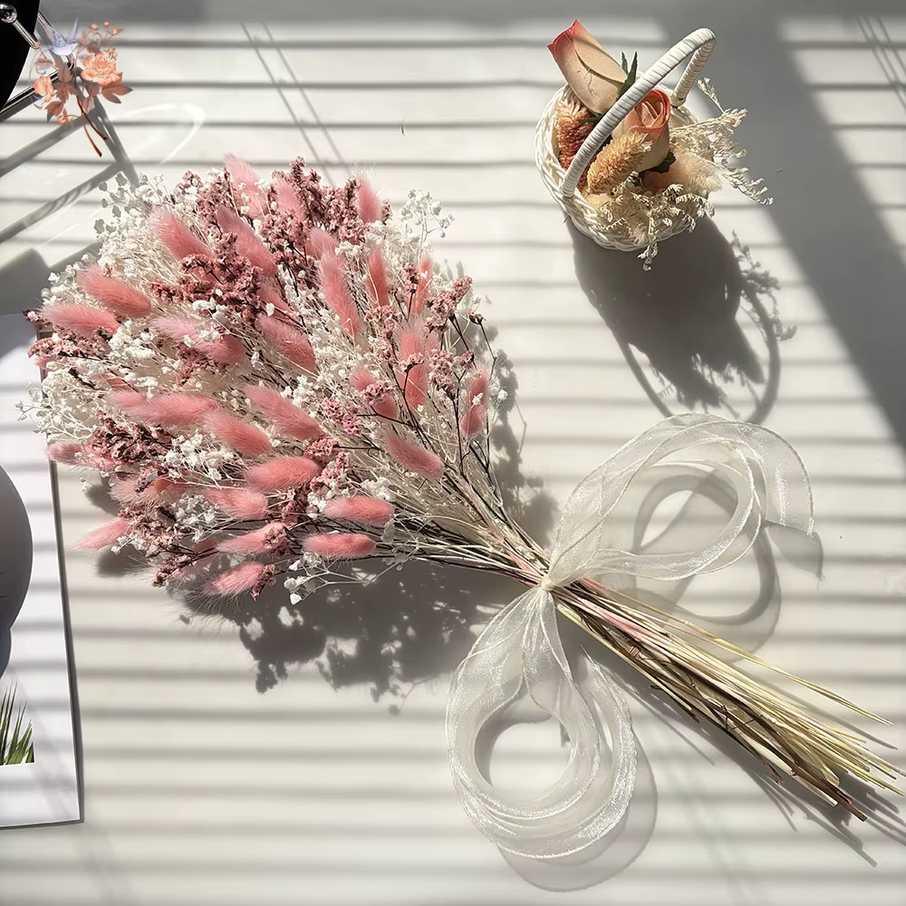 Rose blanc naturel séché gypsophile bébé souffle fleur Bouquet pour mariage mariée lapin queues herbe plantes arrangements floraux