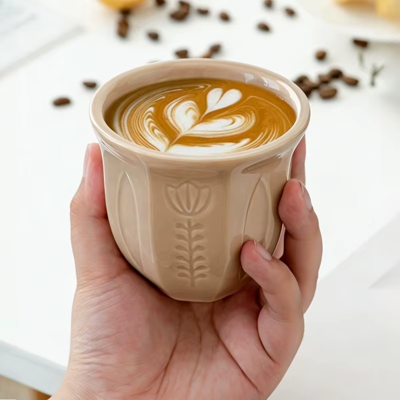 1 pièce Tasse en céramique style arabe à motif tulipe en relief 100/180/250 ml