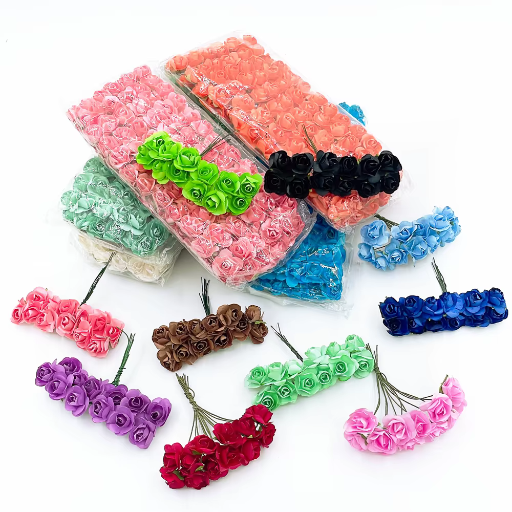 12/36/72 pièces 2cm Mini papier Rose fleurs artificielles Bouquet pour décoration de fête de mariage Scrapbooking