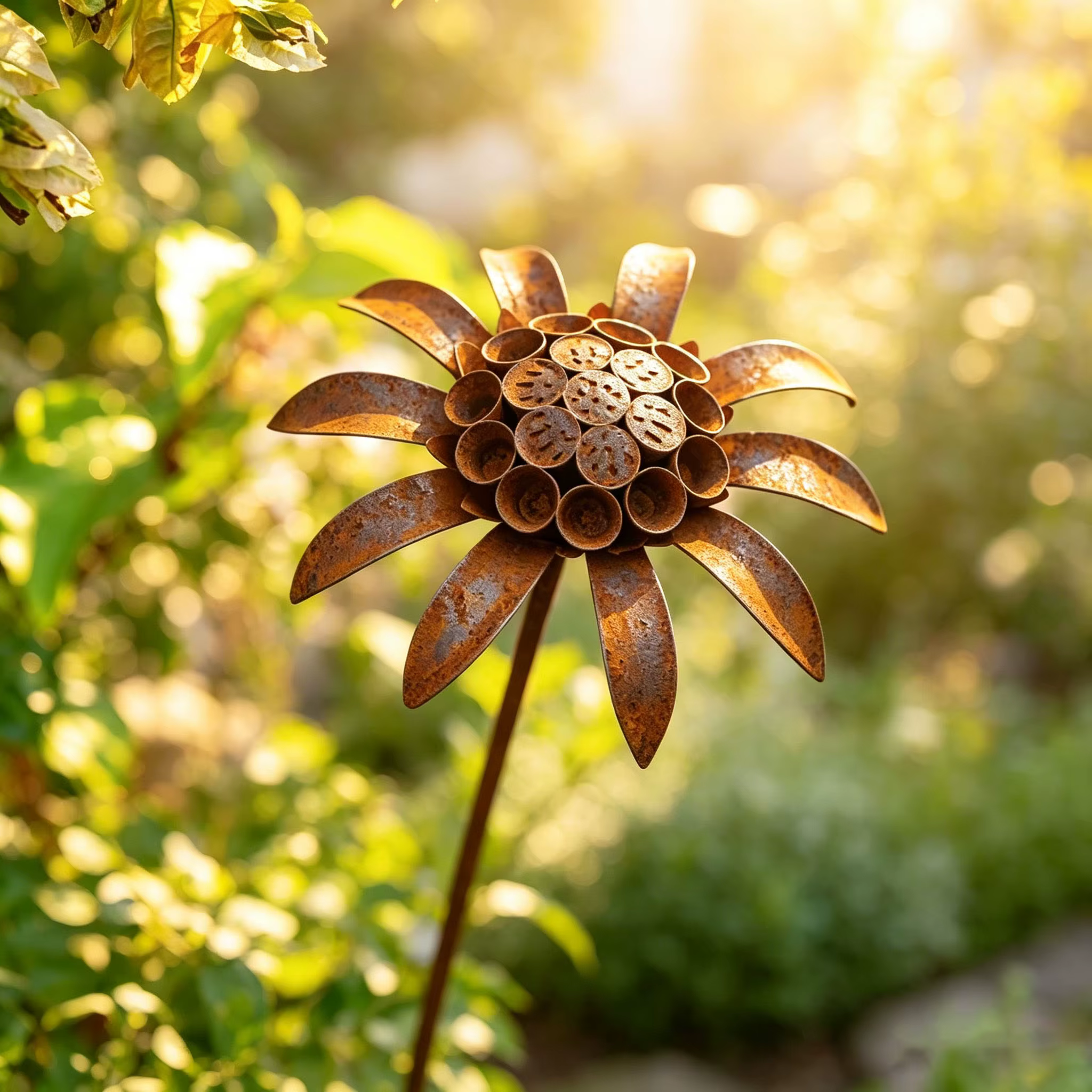 Piquet de jardin vintage en métal rouillé avec fleur de scabiosa