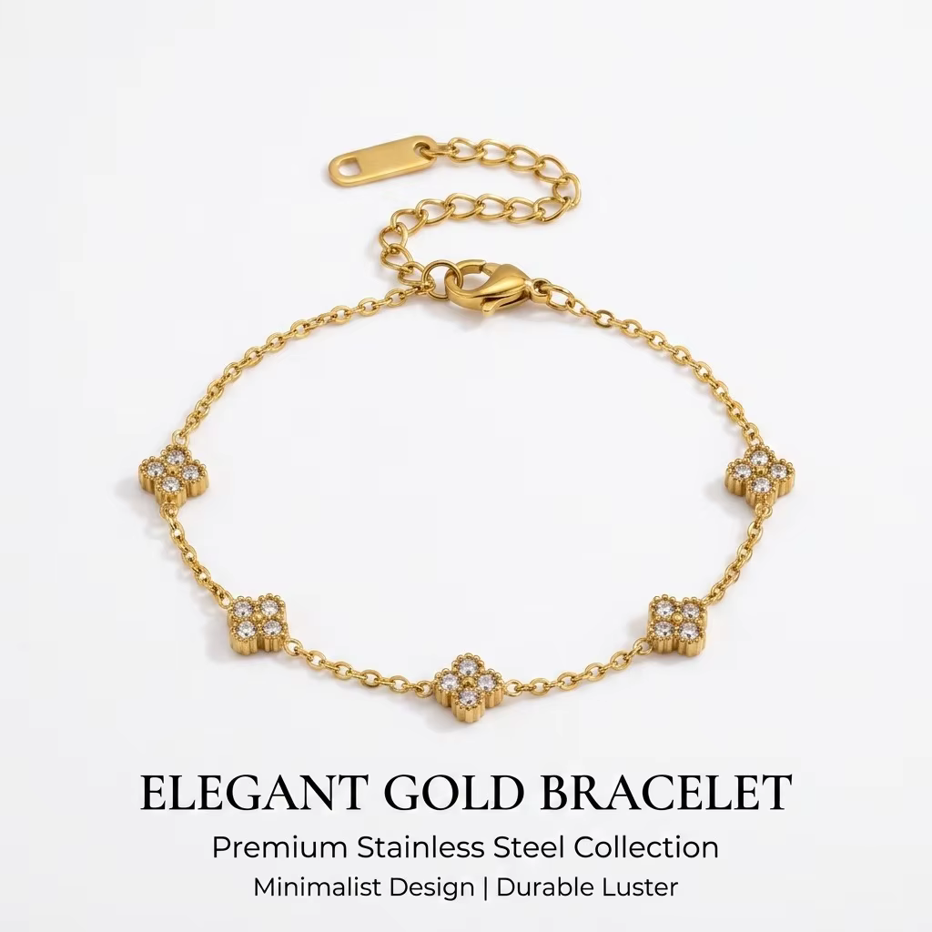 Bracelet de luxe en zircon couleur or avec motif floral - Bijoux en acier inoxydable pour femme, hypoallergénique, idéal pour cadeau et accessoires de fête