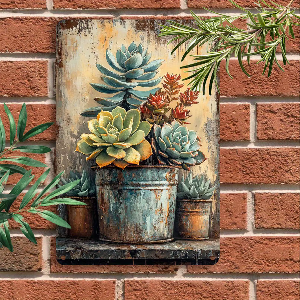 Décoration murale en métal avec motif de plantes succulentes vintage – Plaque botanique rustique en étain pour le bureau