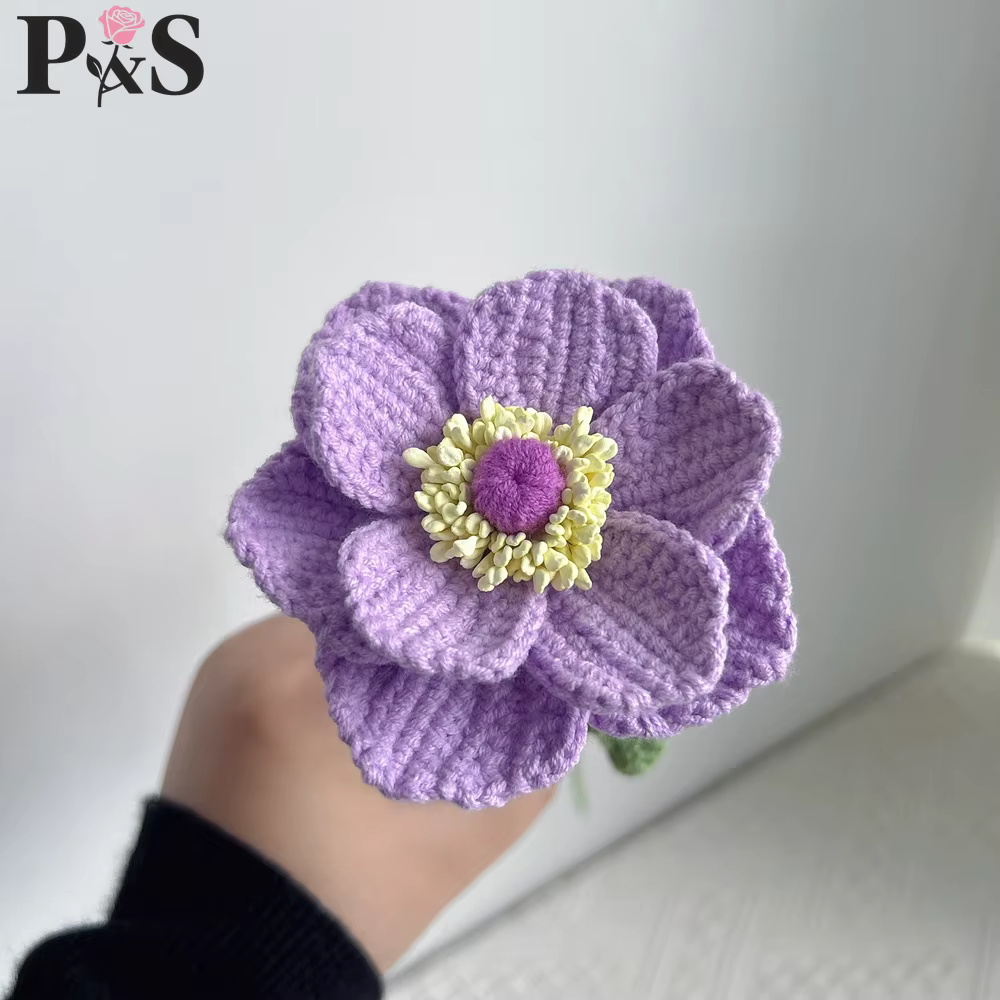 Anémone Crochet fleur fait à la main rose violet bleu tricoté
