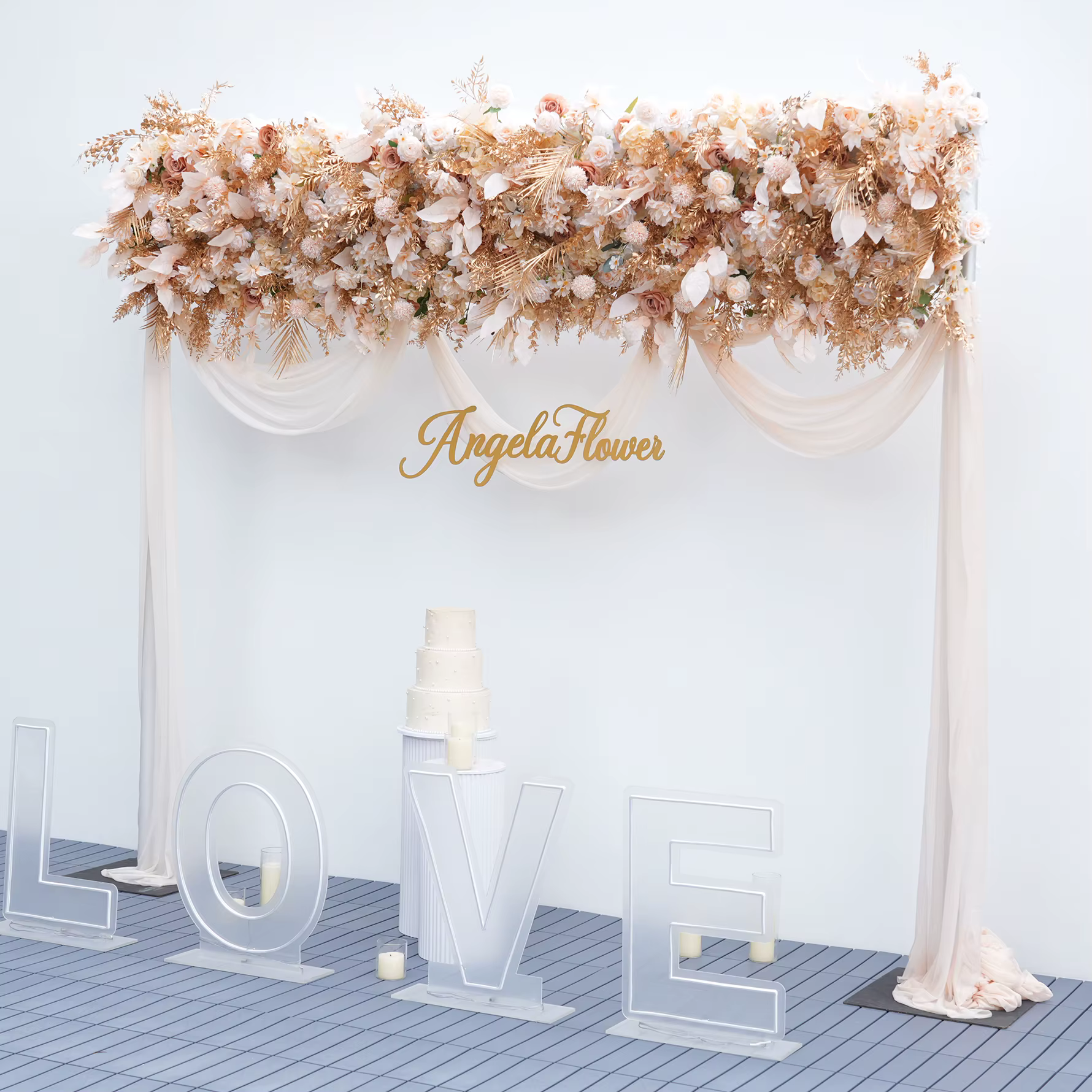 A9027 Angela fleur artificielle Champagne feuilles d'or Base en tissu Arrangement Floral en plein air mariage toile de fond arc décor accessoires