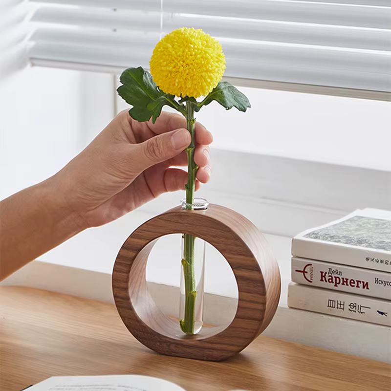 Vase en bois de noyer rond pour tubes à essai – Pot hydroponique minimaliste