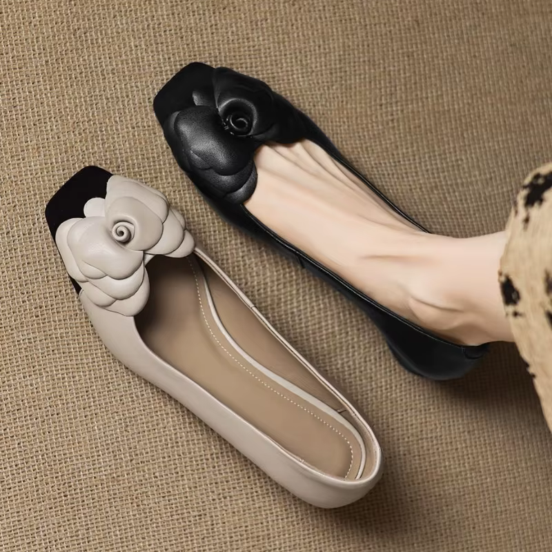 Chaussures élégantes à talons bas pour femmes, décoration florale, chaussures de styliste à bout carré, confortables, en cuir souple, décontractées