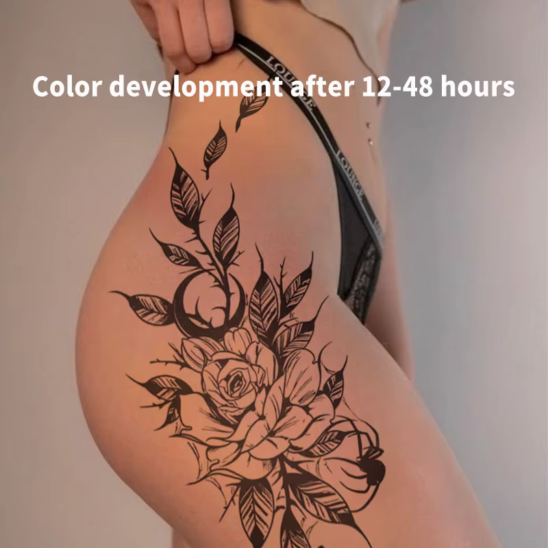 Autocollants de tatouage de jus de plantes de Rose de lune foncée sexy pour femmes hommes, tatouage temporaire de jambe imperméable, faux tatouage corporel, cadeau de charme
