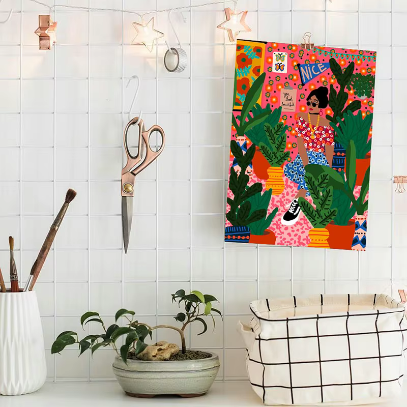 Toile d'art mural de fleurs de fille colorées tropicales