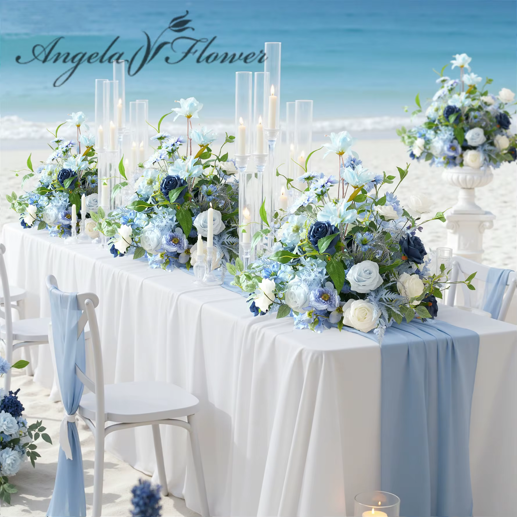 Rose artificielle Angela Flower A9076 bleue et blanche avec feuilles vertes