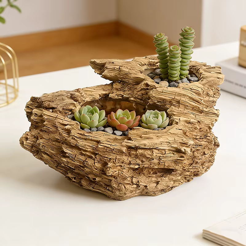 Pot de fleurs en résine imitation bois flotté avec deux trous