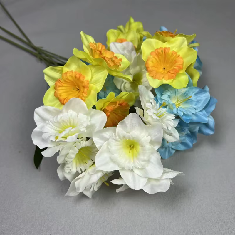 5pcs Fleur de jonquille artificielle avec branche longue en soie 9 têtes Plante de narcisse