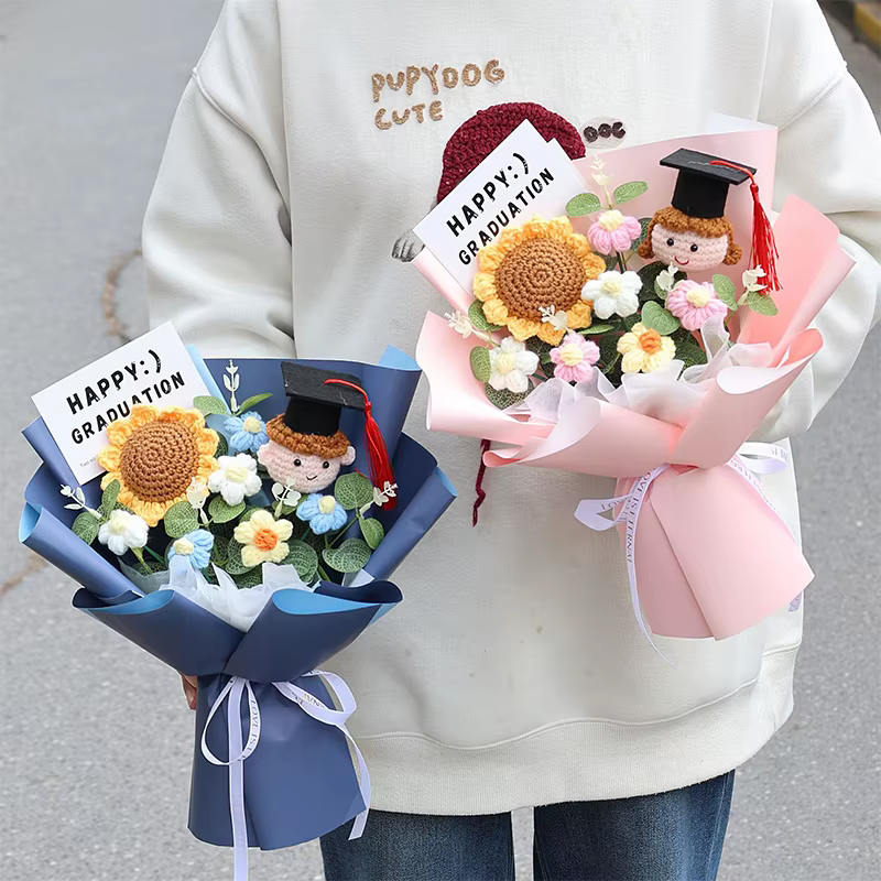 Bouquet de tournesols au crochet fait main – Cadeau amusant pour la remise des diplômes du lycée