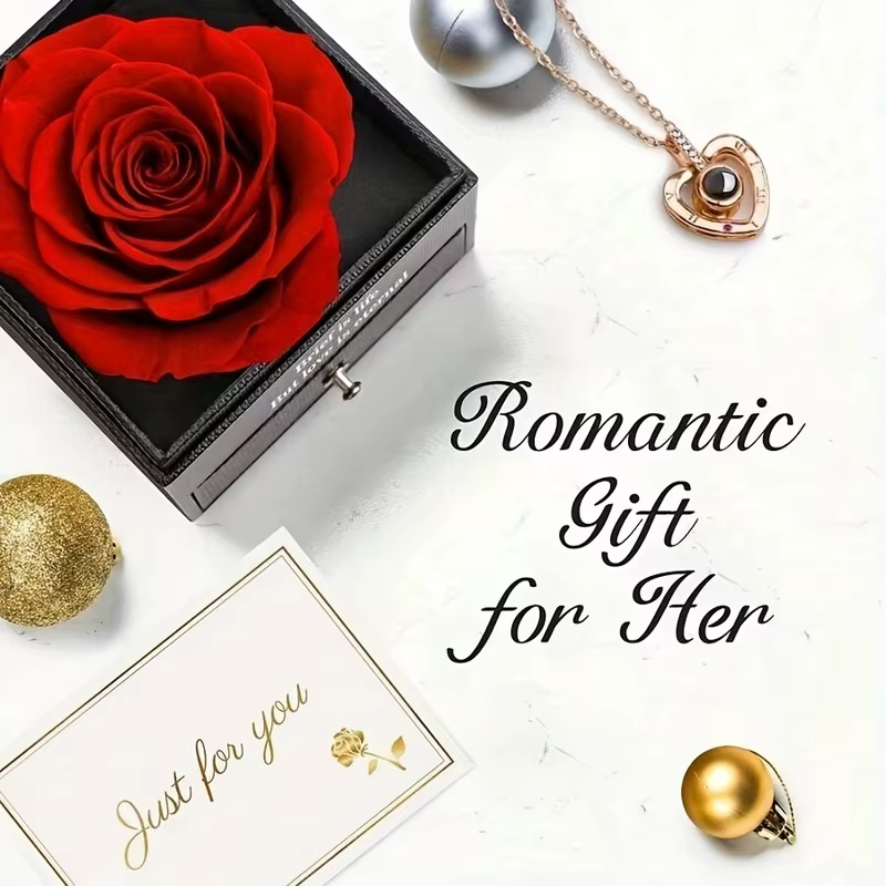 Un ensemble de roses artificielles préservées dans une boîte cadeau