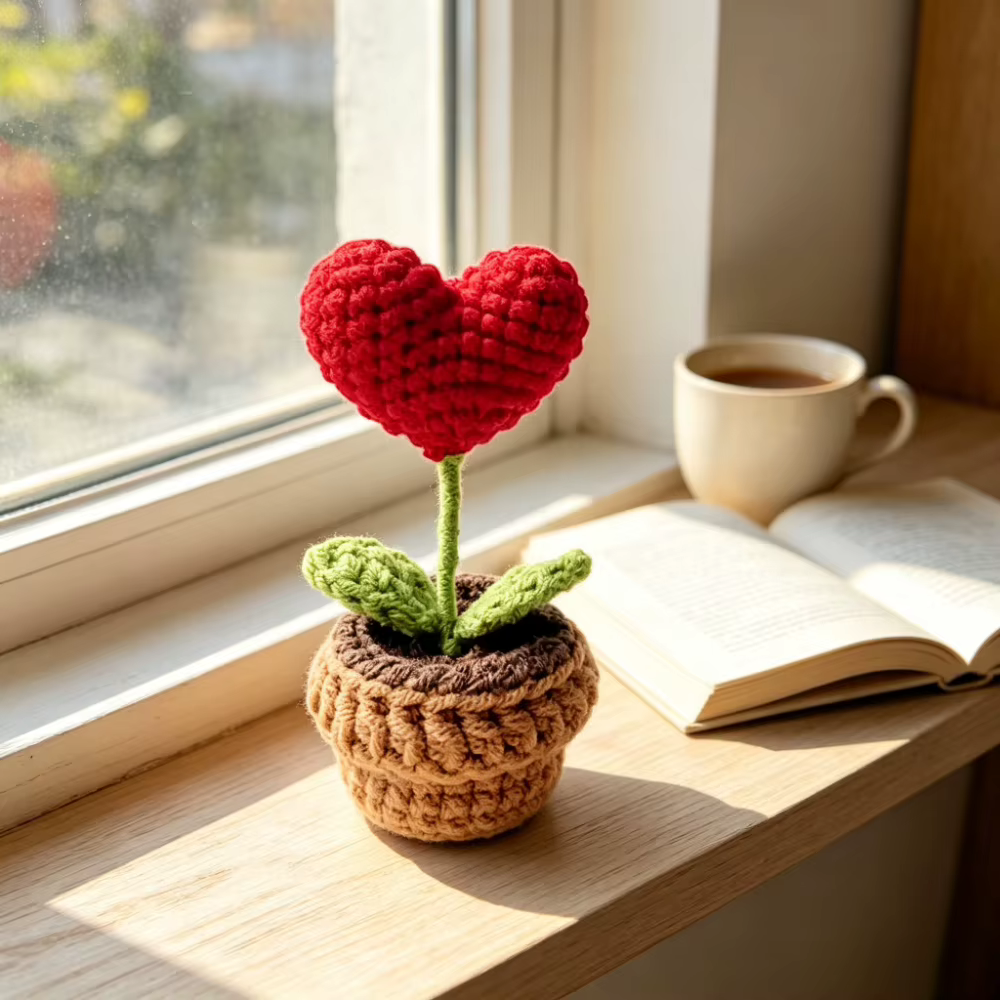 Pot de fleurs en forme de cœur au crochet fait main