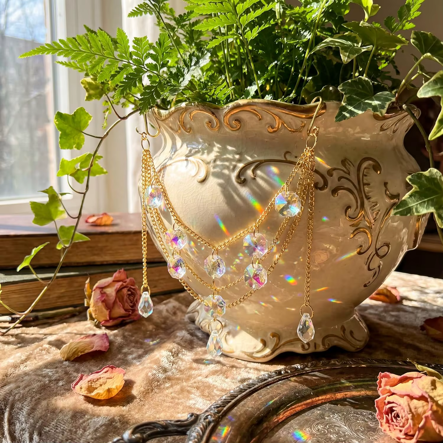 Support de plante attrape-soleil avec perles et cristaux de verre