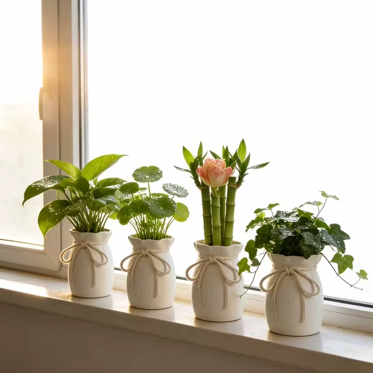 Petits pots de fleurs blancs avec nœud en jute