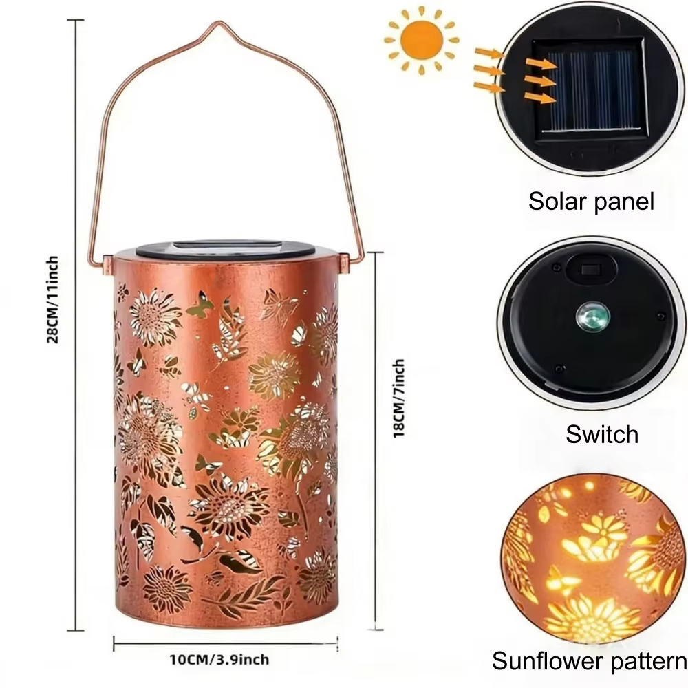Lanterne solaire suspendue en métal avec projection de colibris et tournesols colorés pour la décoration extérieure de table, jardin, patio et cour