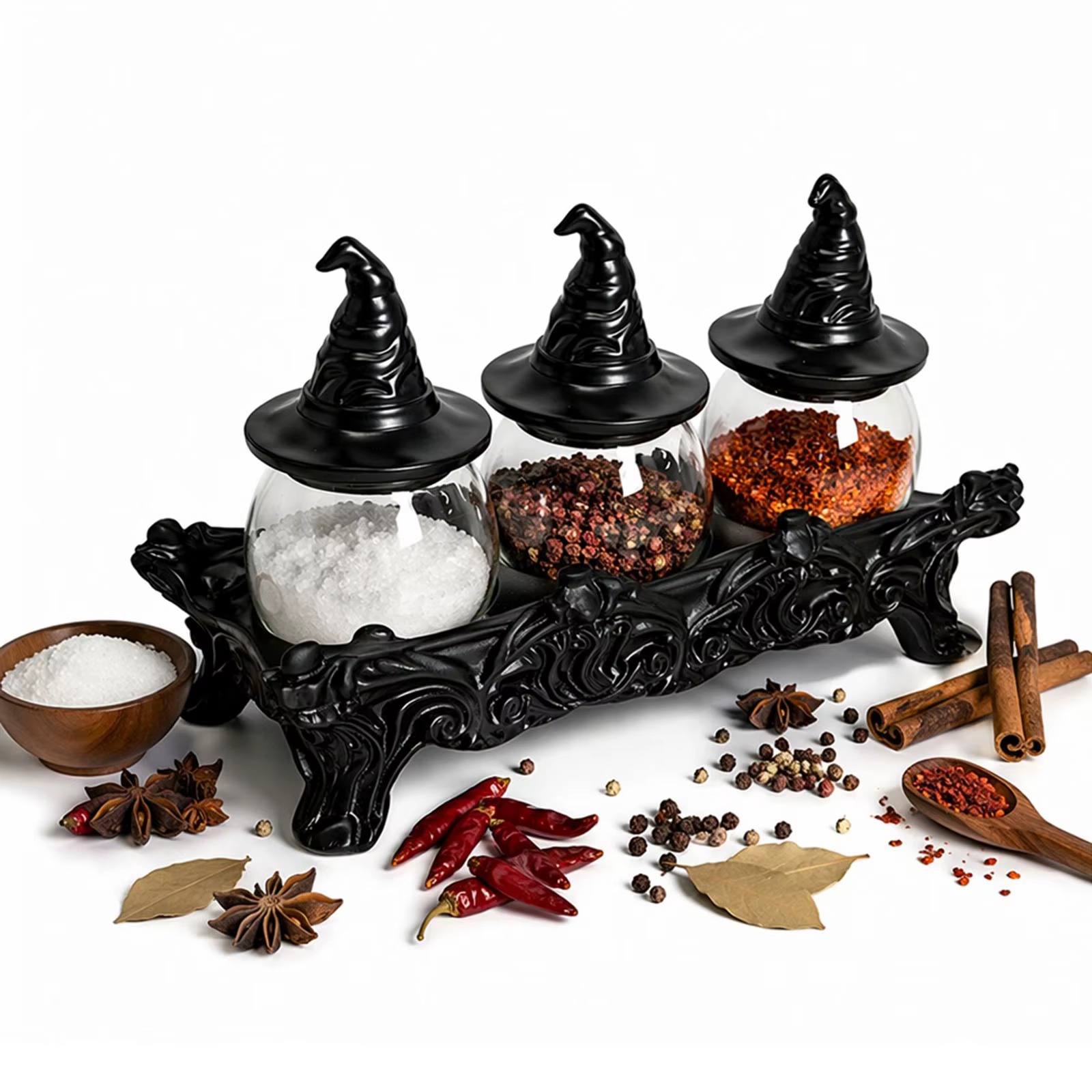 Ensemble de pots à épices d'apothicaire avec couvercles en forme de chapeau de sorcière, décoration de cuisine Witchcore, récipients de stockage alimentaire gothiques pour sel, poivre, thé