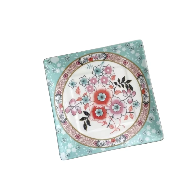 Ensemble de plats en céramique à fleurs vintage, plat carré de 14,5 cm en porcelaine osseuse, plat à gâteau, plat à dim sum, vaisselle pour le thé de l'après-midi, décoration de table à manger à la ma