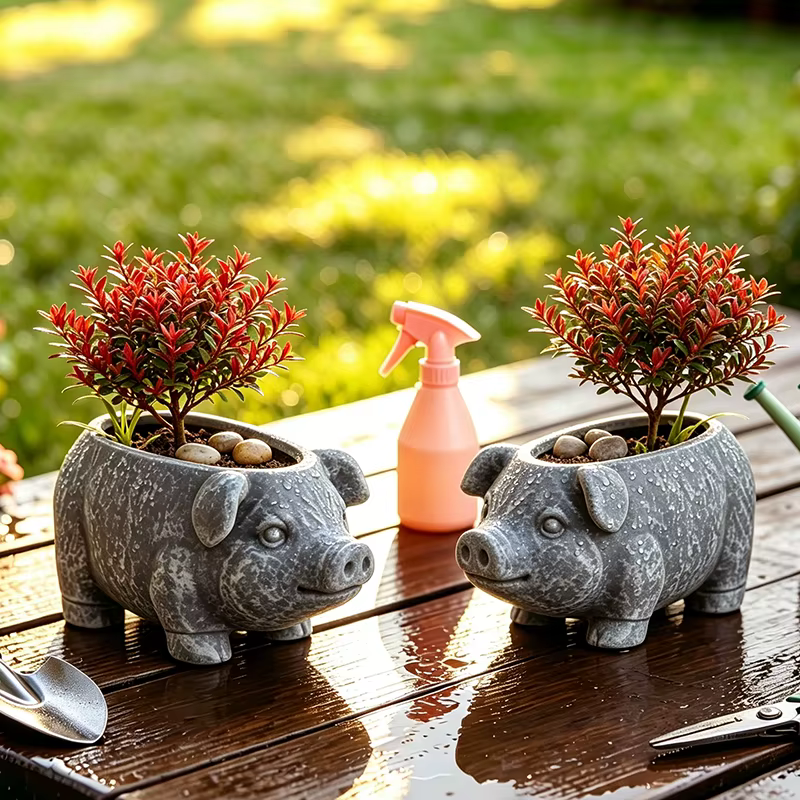 Wabi Sabi Weathered Pig Resin Planter Distressed Animal Succulent Pot for Balcony Patio Rustic Minimalist Garden Accent