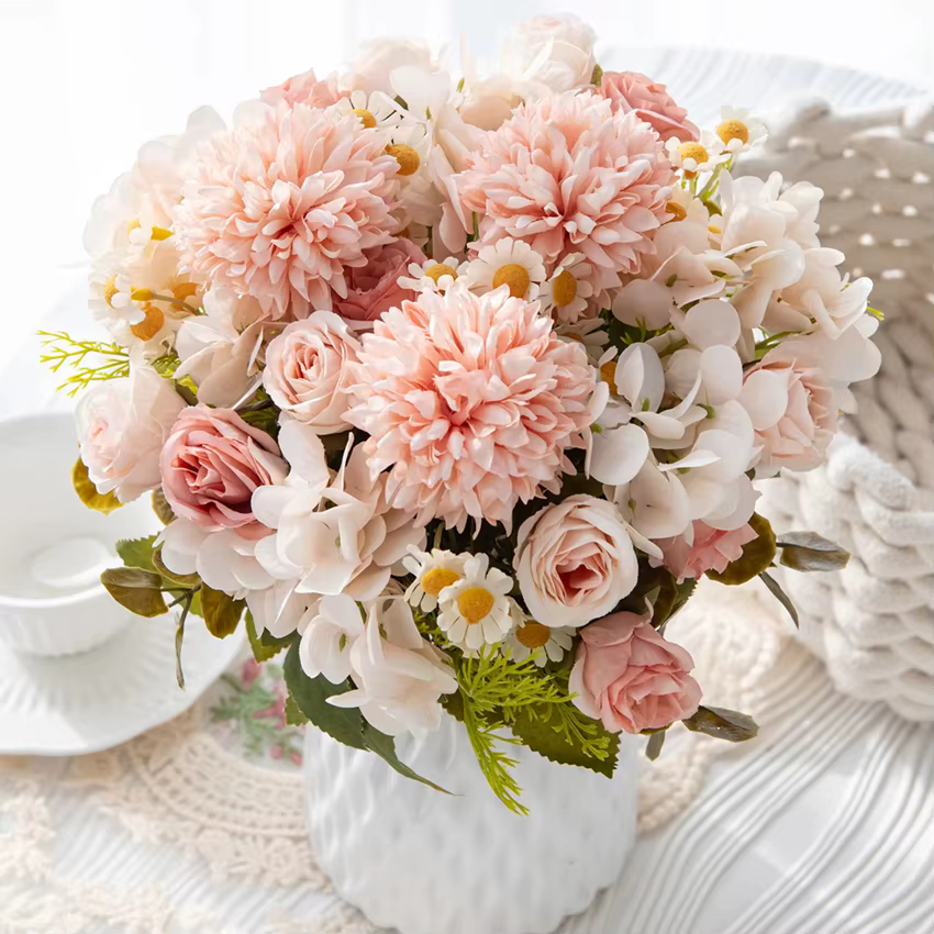 Fleurs artificielles De Mariage Maison Chambre Décor De Table Bouquet De Mariée Jardin YardFake Soie Roses Hortensias Vase pour Conseil À L'extérieur