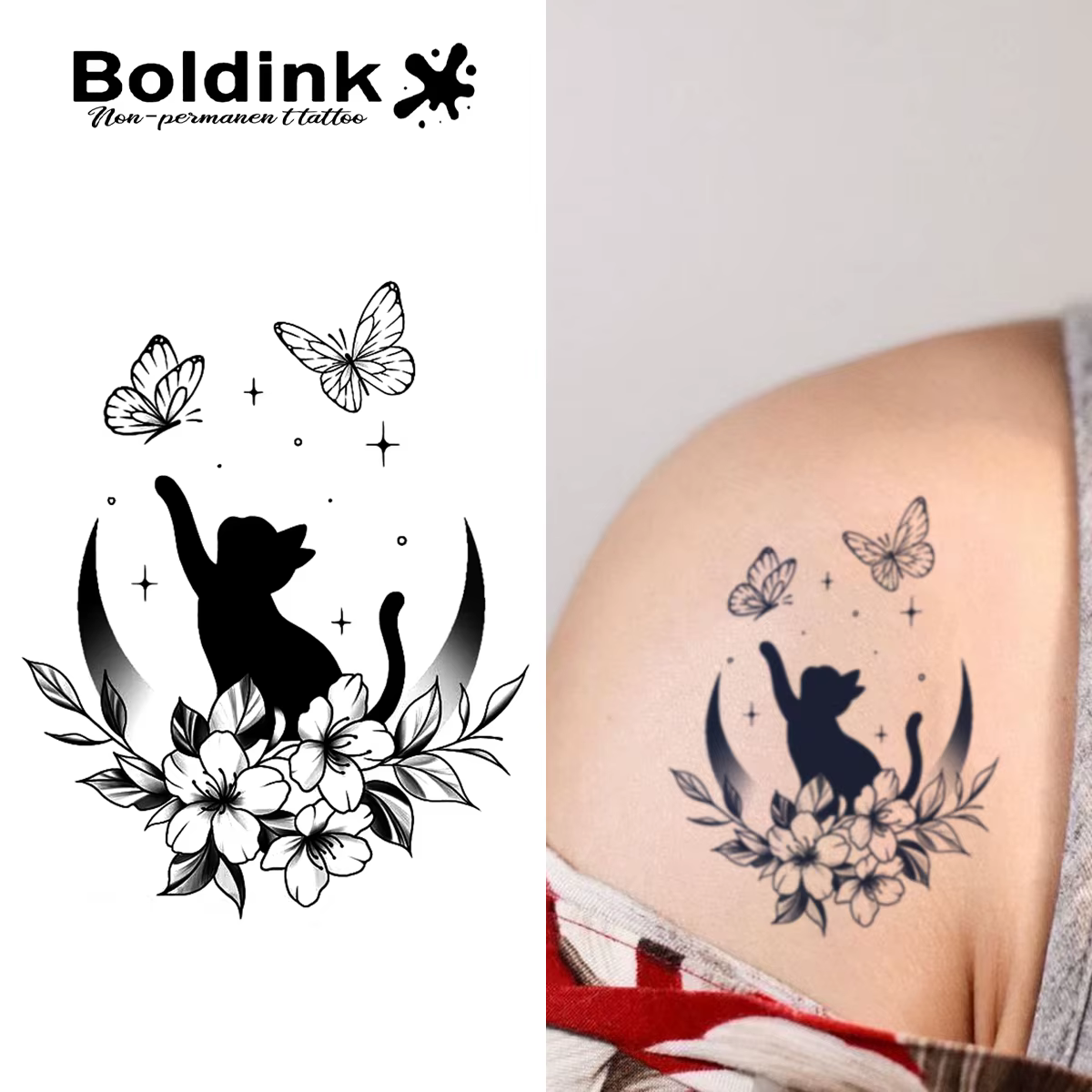 BOLDINK exquis chat papillon fleur broderie tatouage autocollants à la mode polyvalent imperméable Durable jusqu'à 2 semaines