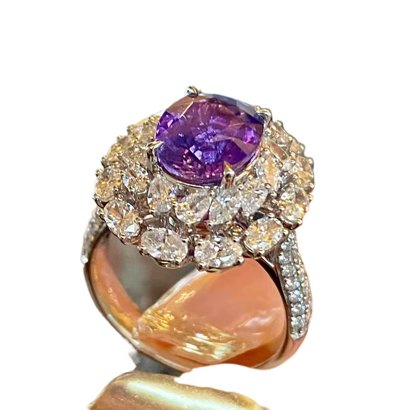 Bagues en diamant et améthyste pour femmes, Design romantique, fleur scintillante, mode florale, violet, bijoux de mariage réglables