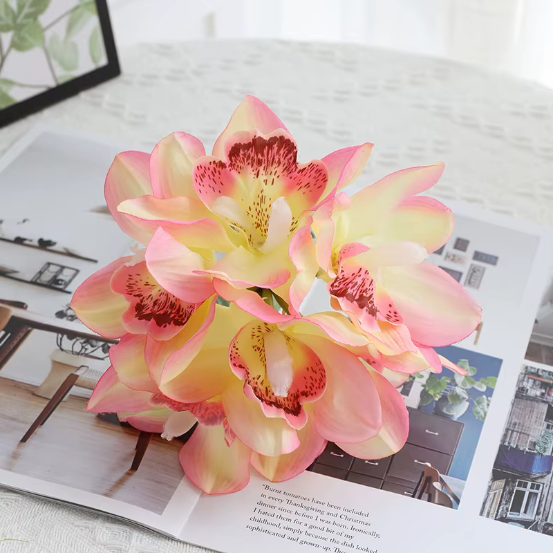 YO CHO Bouquet de fleurs d'orchidées artificielles 6 têtes en Latex Real Touch Cymbidium Flower DIY
