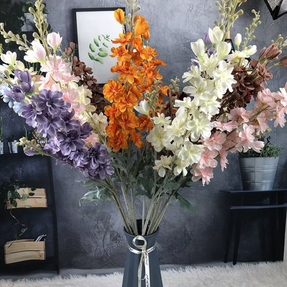 Nouvelles Grandes Fleurs Artificielles de Delphinium à 2 Tiges en Soie Floquée