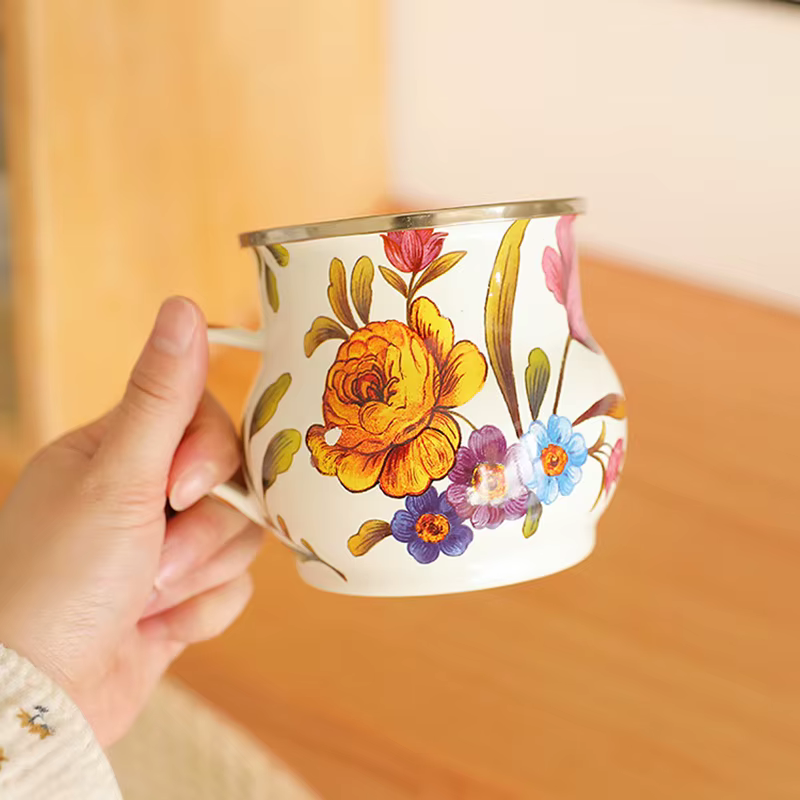 Tasse à eau en émail français rétro, tasse à fleurs en émail, tasse à café peinte, tasse à thé, Vase de 550ML, décoration de la maison, cadeau artisanal