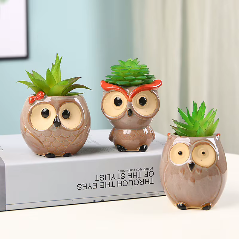 Jolie jardinière en céramique en forme de hibou pour plantes succulentes