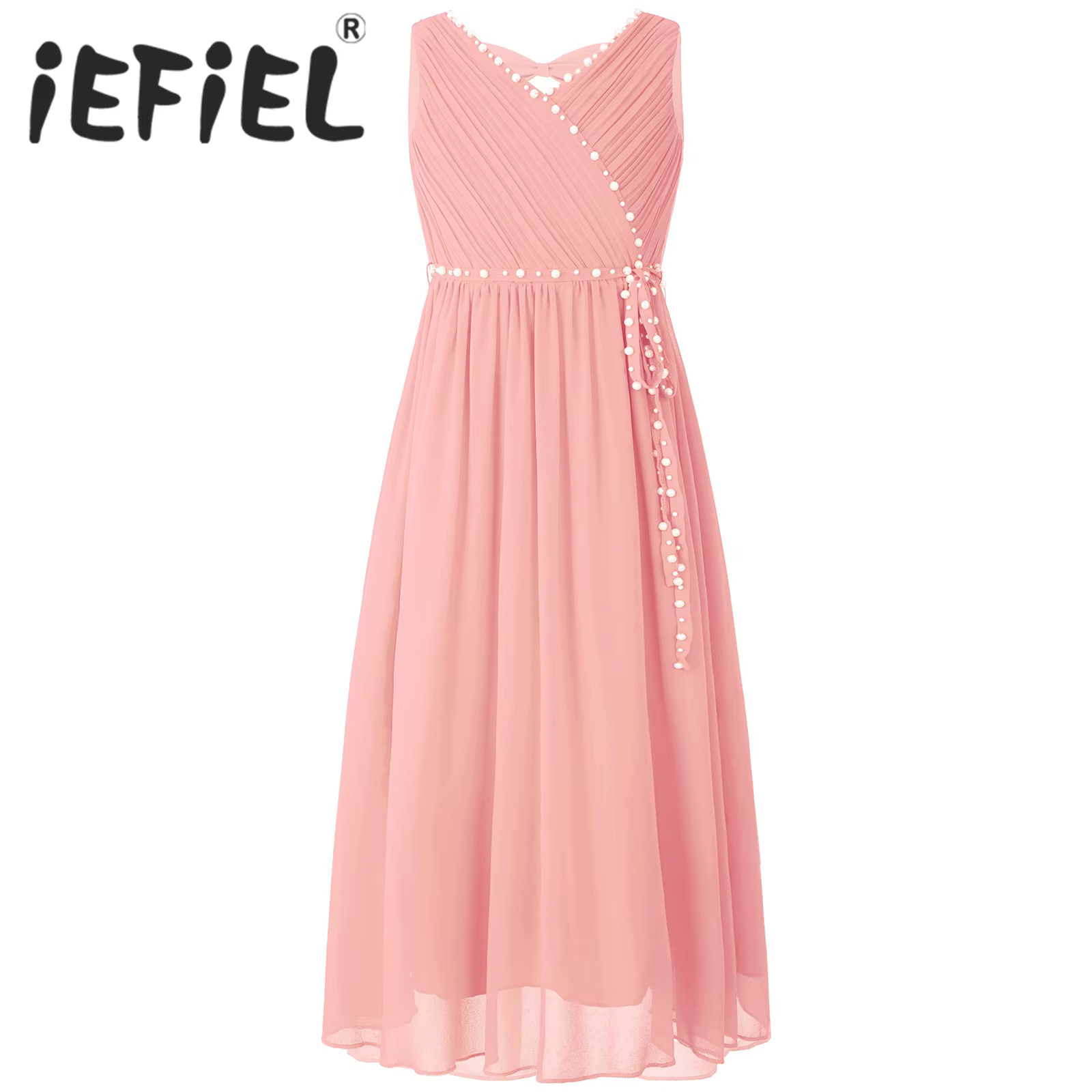 Robe à fleurs pour filles, élégante robe de soirée en mousseline de soie perlée, froncée, col en V, sans manches, avec nœud découpé, pour demoiselle d'honneur, mariage