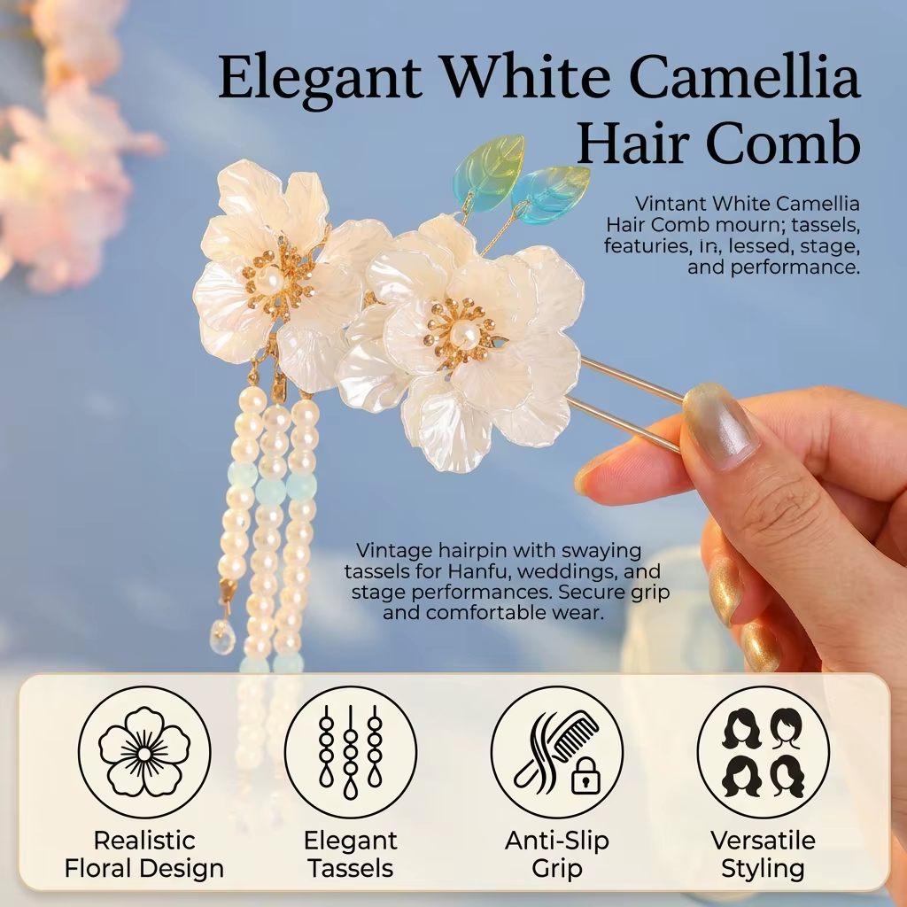 Accessoire de cheveux de mariée, style chinois vintage, épingle à cheveux à fleur blanche et pompon pour mariage, Hanfu, fête, coiffure quotidienne, cadeau
