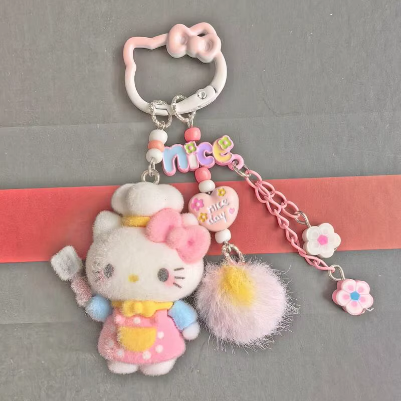 Porte-clés Hello Kitty floqué, breloque de sac, pendentif pompon floral pour accessoire quotidien et décoration assortie