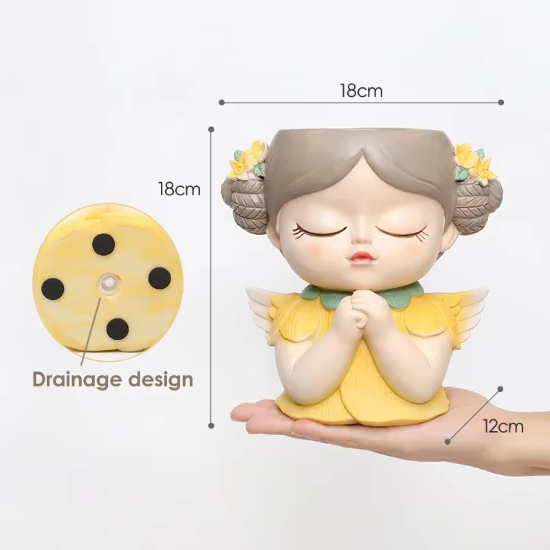 Pot de jardinière de visage de fille d'ange mignon de 7 pouces avec trou de Drainage