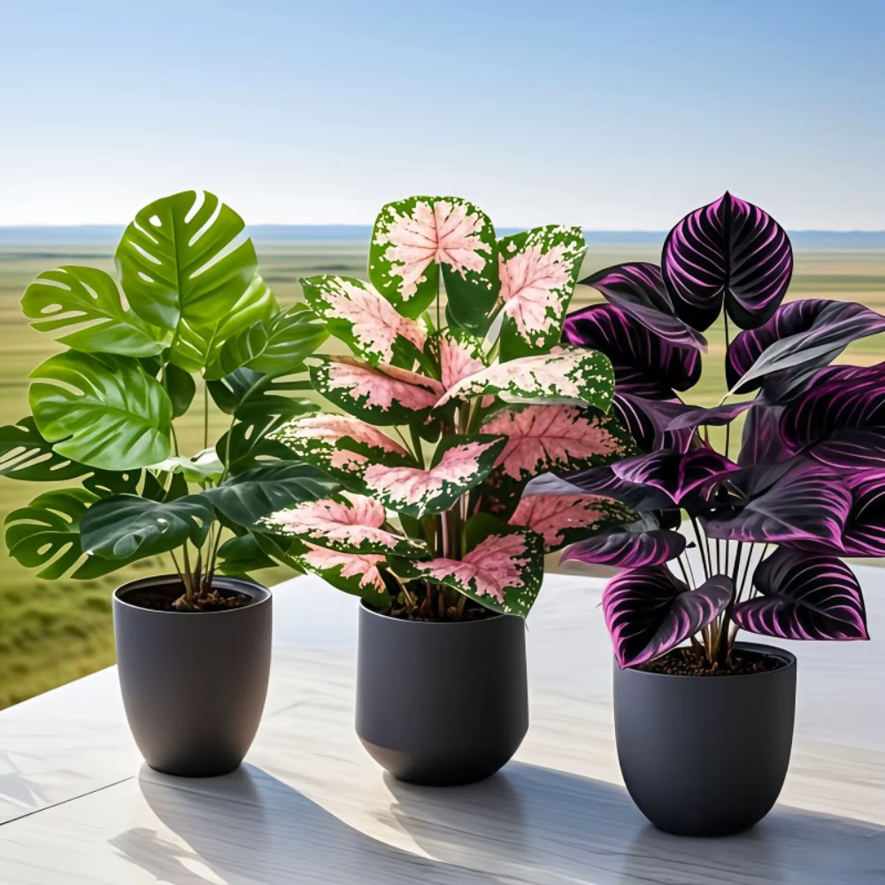 Ensemble de 3 grandes plantes artificielles vertes d'extérieur avec 36 feuilles