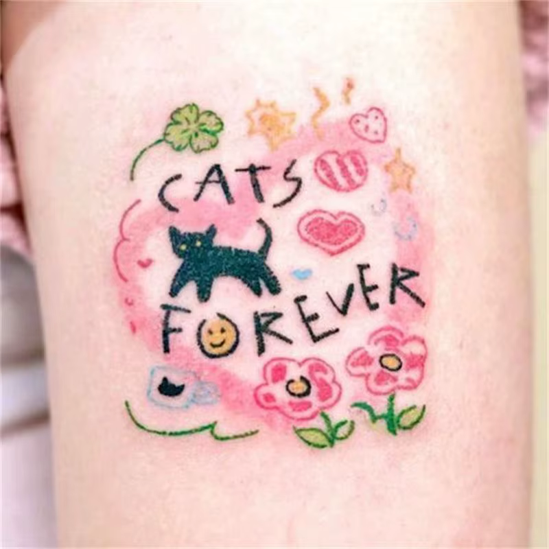 Tatouages Temporaires de Chat Noir et Fleur pour Homme et Femme, Autocollants Imperméables, Art Durable, Mignon, Faux, Bras, Dessin Animé, Chaton