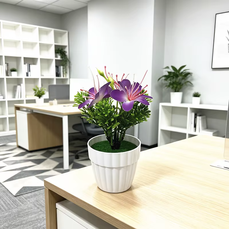 Plante artificielle 3-Bloom pour fleurs de cerisier dans un pot ondulé pour décoration intérieure