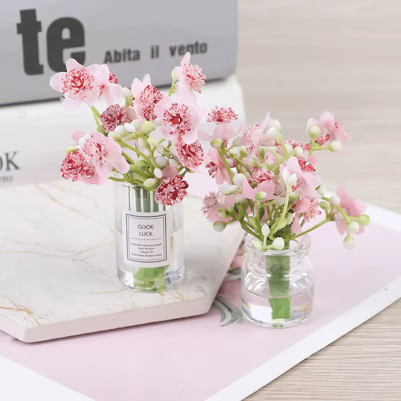 Ensemble de Vase à fleurs rose jasmin Miniature pour maison de poupée 1:12