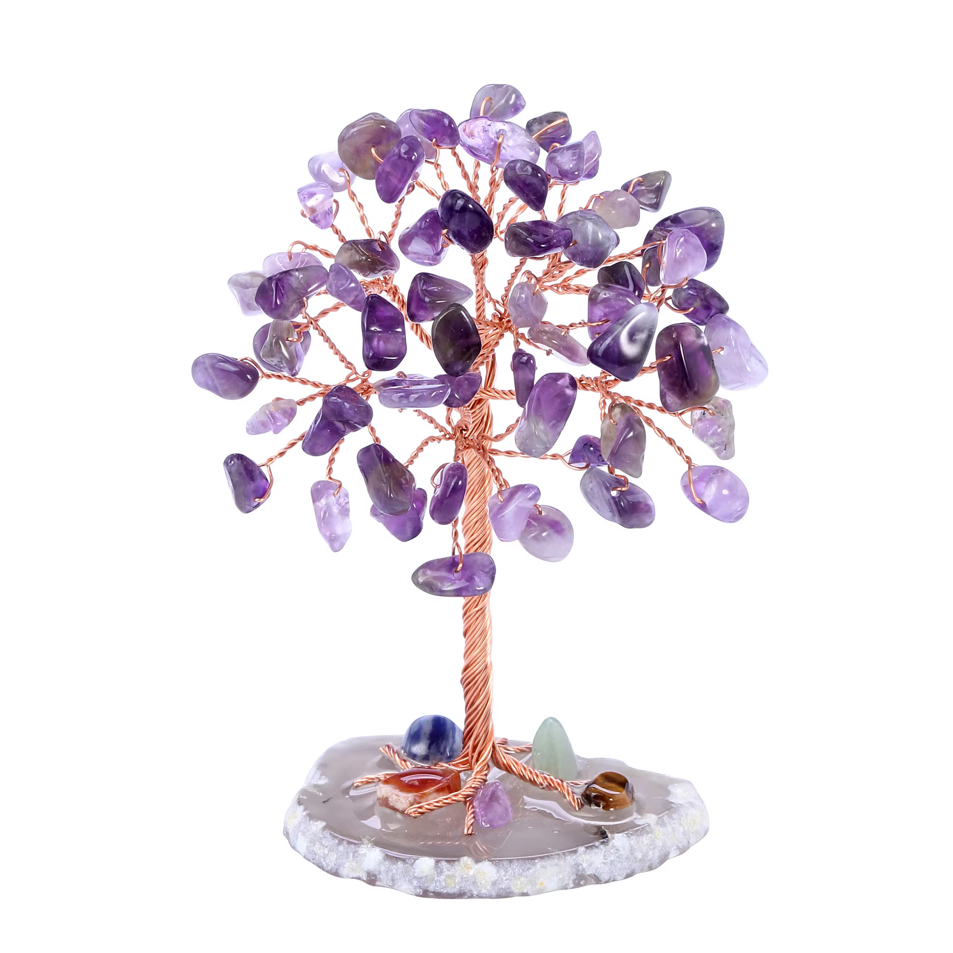 Mini arbre à argent en cristal enveloppé de fil de cuivre avec base en tranche d'agate
