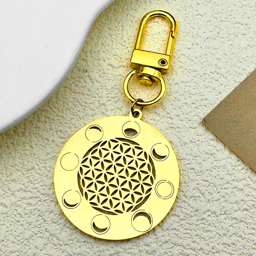 Porte-clés à géométrie sacrée fleur de vie pour femmes et hommes, en acier inoxydable, couleur argent, Phase de lune, bijoux cadeaux