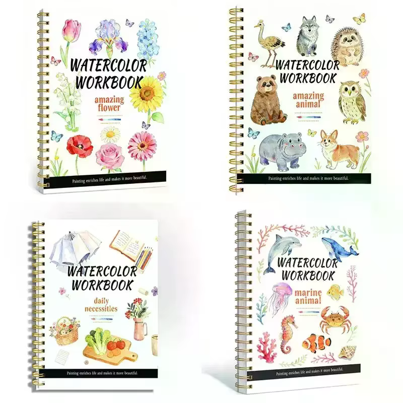 Cahier d'exercices de fleurs en aquarelle à spirale, papier épais, guides faciles pour les débutants, pratique artistique quotidienne