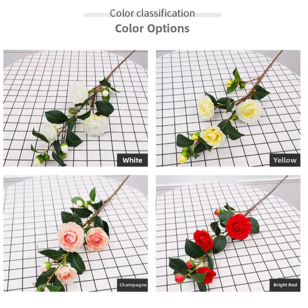 Fleur de camélia artificielle à feuilles vertes