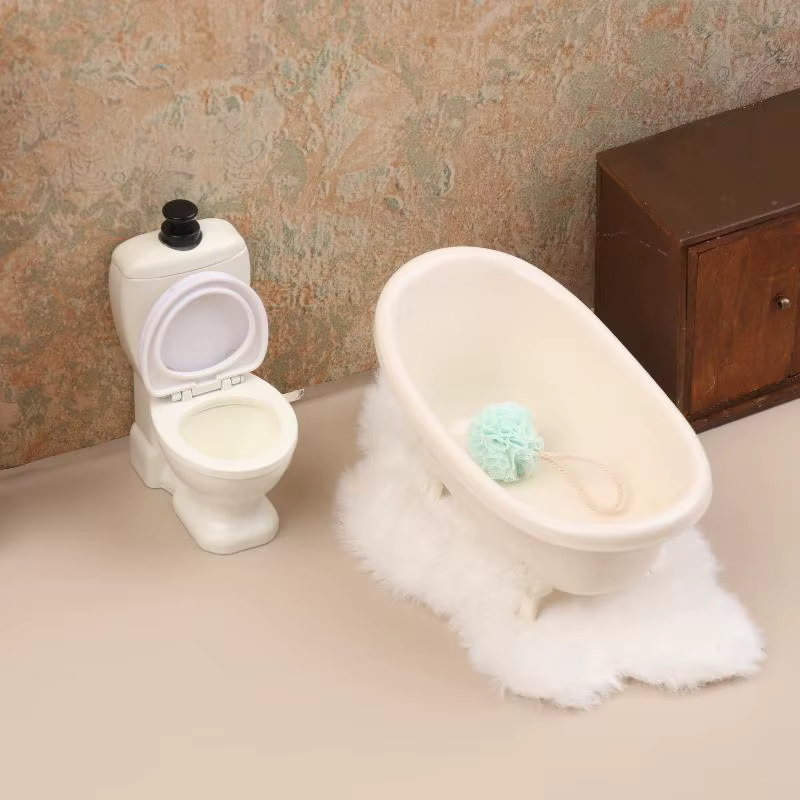 Modèle de meubles de salle de bain pour maison de poupée 1/12 : baignoire, toilettes, lavabo, armoire - Accessoires de décoration pour maison de poupée