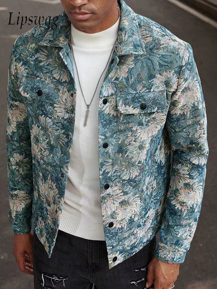 Veste texturée à motifs floraux vintage pour homme, manteau décontracté d'automne à manches longues, coupe ajustée, boutonnée, à revers, style cargo, pour homme, tendance