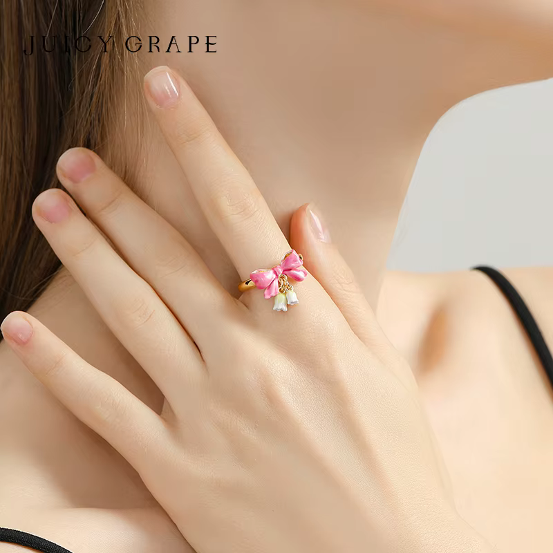 JUICY GRAPE-Bague à Nministériels d Rose pour Femme, Anneau de Bellflower, Fait à la Main, Émaillé, Élégant, Plaqué Or 18K, Cadeau Spécial